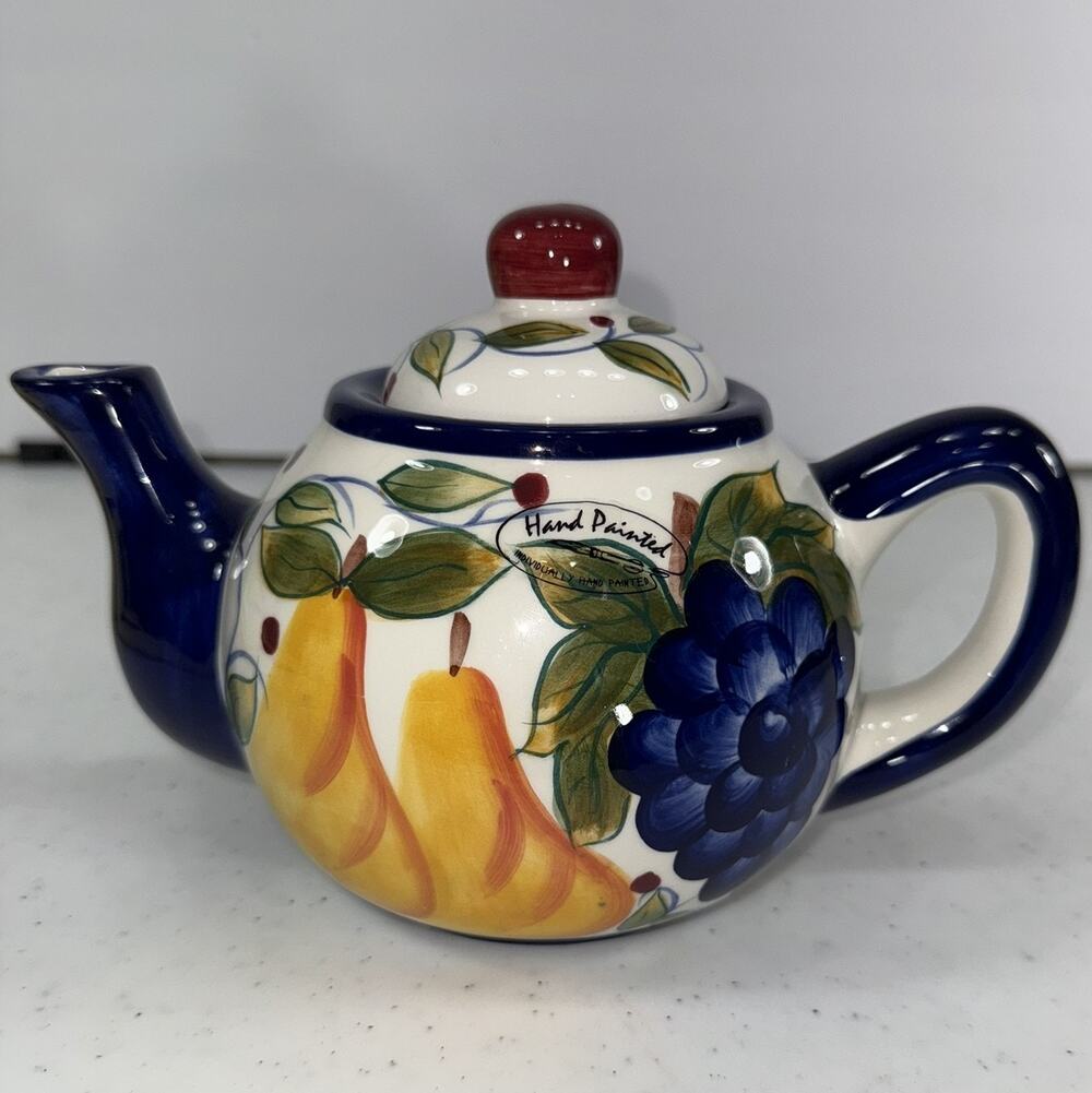 Casa Vero ACK Hand Painted Fruit Teapot With Lid Pears Grapes Apple Blue